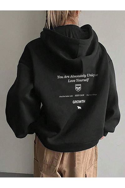 DUBU BUTİK Growth Keep Calm Sweatshirt - Black Printed Oversize Thick Winter Hoodie