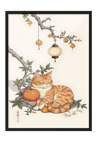 Postifull Pictură cu cadru negru, Orange Tabby, Pictură de perete pentru bucătărie din seria Comfort, NR:109137