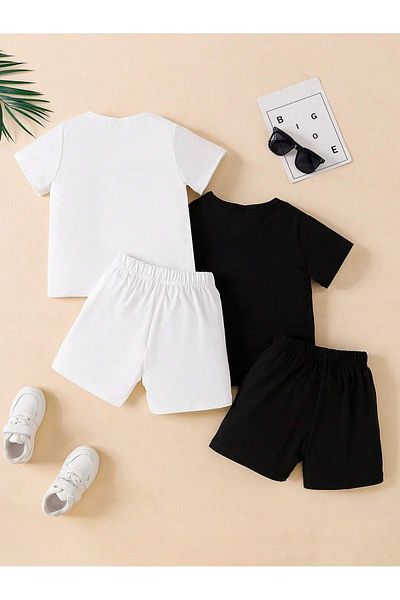DUBU BUTİK Black and White 2-Piece Kids Set - T-shirt and Shorts, Unprinted, Crew Neck