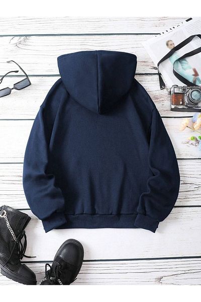 DUBU BUTİK Tokyo Fuji Sweatshirt - Navy Blue Printed Oversize Hoodie