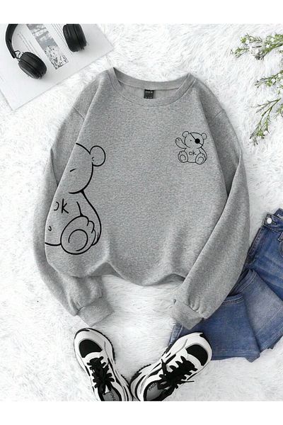 DUBU BUTİK Φούτερ Ok Bear - Γκρι εμπριμέ χοντρό χειμερινό λαιμόκοψη
