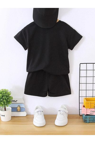DUBU BUTİK King Cotton Kids Shorts and T-shirt Set - Crown Printed, Crew Neck, Black