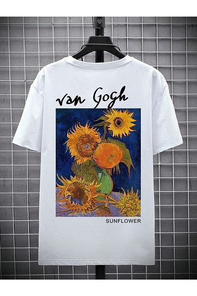 VBSVİBES Πλεκτό μπλουζάκι Unisex Λευκό Oversize Van Gogh με στάμπα
