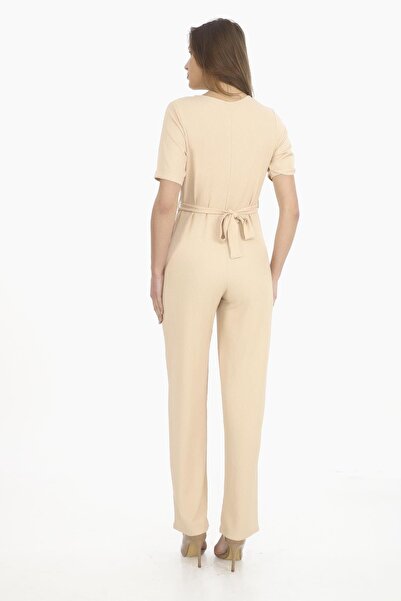 penyebizden Women's Crepe Waist Belted and Zippered Jumpsuit-Beige
