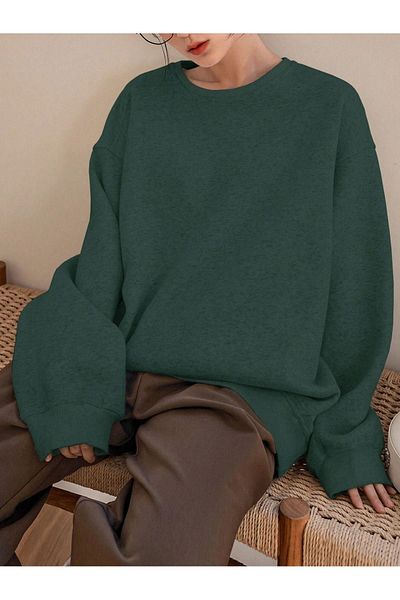 DUBU BUTİK Solid Color Sweatshirt - Nefti Green Oversize Thick Winter Crew Neck