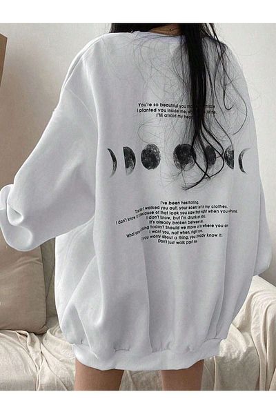 DUBU BUTİK Moon Phases Afraid Winter Thick Sweatshirt - White Printed Oversize Thick Winter Crew Neck