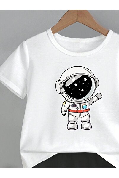 DUBU BUTİK Nasa Pamuk Çocuk Takım - Siyah Şort Beyaz T-shirt Baskı Kız Erkek Çocuk Yazlık Bisiklet Yaka