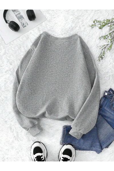 DUBU BUTİK Φούτερ Ok Bear - Γκρι εμπριμέ χοντρό χειμερινό λαιμόκοψη