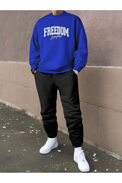 DUBU BUTİK Σετ χειμερινής φόρμας Freedom Limitless - Sax Blue Black Printed Oversize Raster Crew Neck