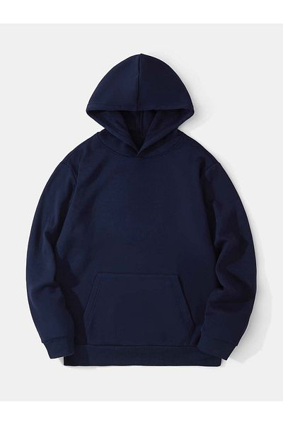 DUBU BUTİK Plain Basic Thick Winter Sweatshirt - Navy Blue Oversize Hooded