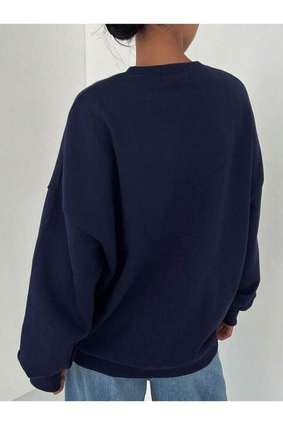 DUBU BUTİK Γνήσιο φούτερ 1988 - Navy Blue Printed Oversize Χοντρό χειμερινό λαιμόκοψη