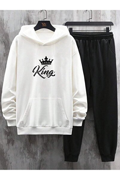 DUBU BUTİK Σετ φόρμας King Λευκό φούτερ Black Jogger - Printed Oversize Raised Hooded