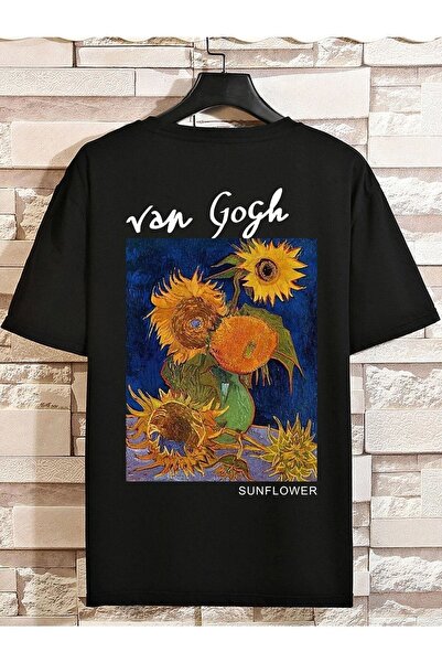 VBSVİBES تي شيرت محبوك مطبوع عليه فان جوخ باللون الأسود للجنسين