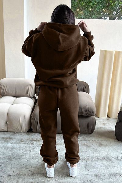 DUBU BUTİK Σετ αθλητικής φόρμας Fetch Φούτερ Jogger - Καφέ στάμπα Oversize με κουκούλα
