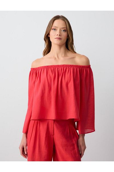 Jimmy Key Red Relaxed Cut Bardot Collar Linen Blouse