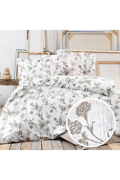 Pucioasa Double crepe bed linen, 100% cotton, white with beige flowers