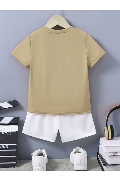 CLAYES Crew Neck Ideal Printed Kids Set - Beige T-shirt and White Shorts
