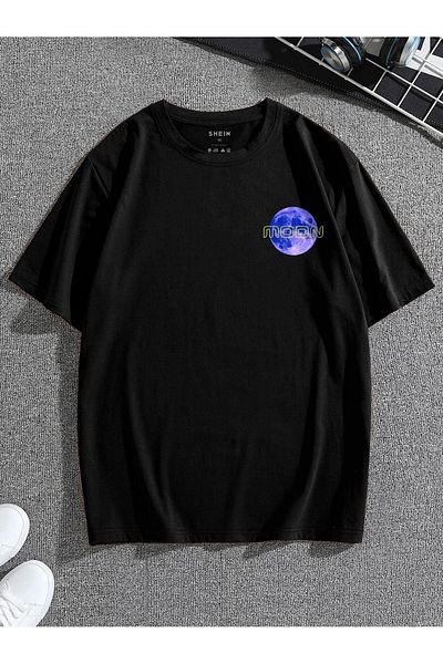 VBSVİBES Unisex Oversize Moon Printed Black T-shirt