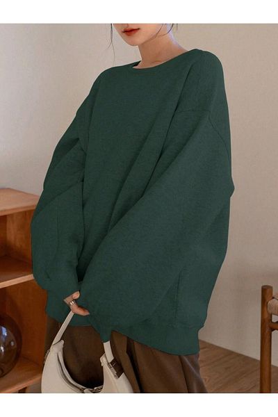 CLAYES Μονόχρωμο φούτερ - Nefti Green Oversize Χοντρό χειμερινό λαιμόκοψη