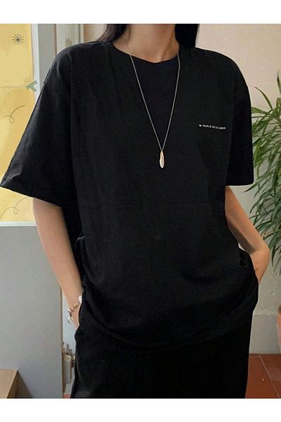 VBSVİBES Unisex Μαύρο Oversize N' Oublie εμπριμέ πλεκτό μπλουζάκι