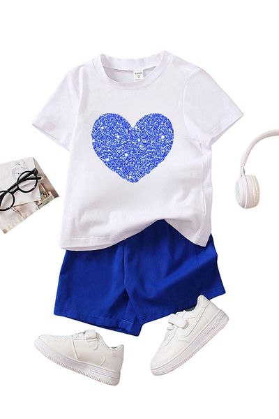 DUBU BUTİK Heart Cotton Kids Set - White T-shirt, Saks Blue Shorts, Printed Girls Boys Summer Crew Neck