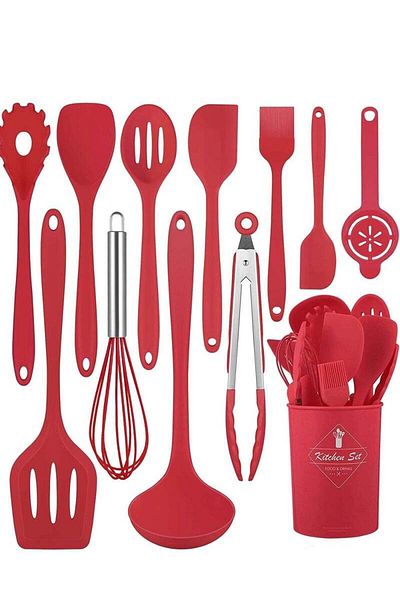 COOYA 12 Piece Silicone Cookware Set,Heat Resistant Non-Stick Cookware with Storage Cup,Hangable,Red