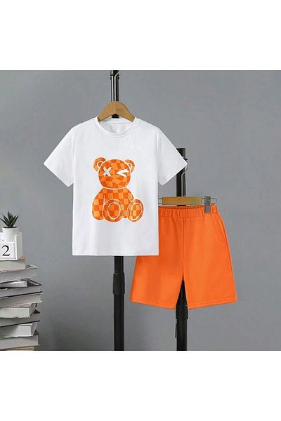 DUBU BUTİK Girl's Boy's Summer Set - Orange Shorts, White T-shirt Print, Crew Neck