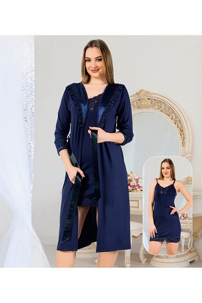 Miss Dünya Lissa طقم ثوب نوم متوسط ​​الطول مع فستان نوم بحزام مزين بالدانتيل