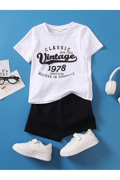 DUBU BUTİK Vintage Cotton Kids Set - White T-shirt and Black Shorts Crew Neck