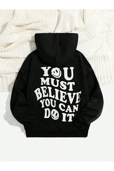 DUBU BUTİK You Must Believe Sweatshirt - Black Printed Oversize Hoodie