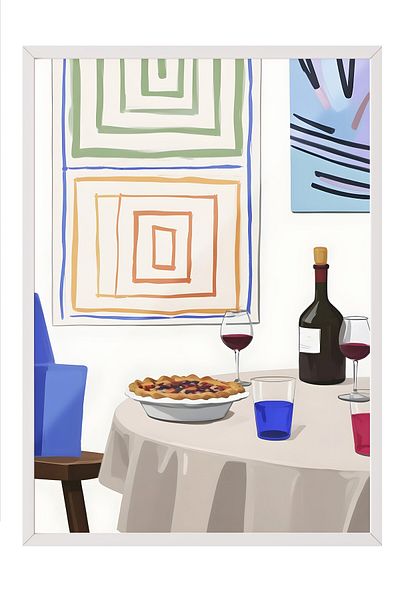 Postifull White Framed Painting, Pie with Wine, Comfort Series Kitchen Wall Painting, No: 109138