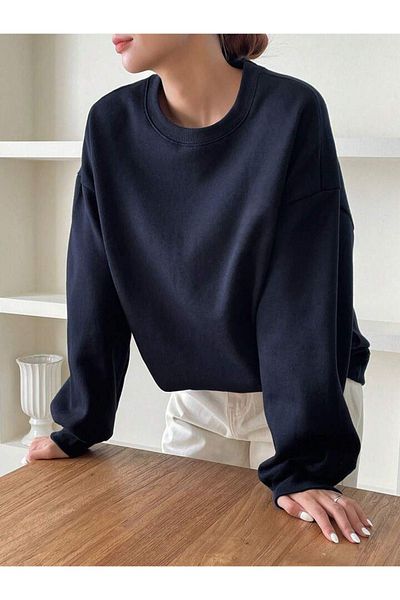 DUBU BUTİK Direction Try Sweatshirt - Navy Blue Printed Oversize Thick Winter Crew Neck
