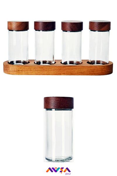 AVŞA Global 4-Piece Acacia Stand and Glass Spice Rack with Lid