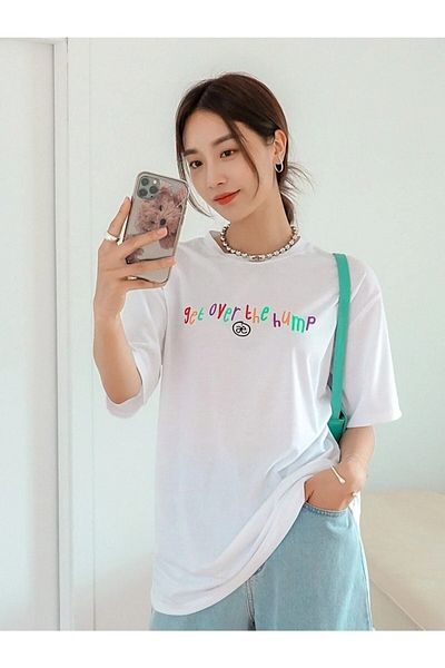 VBSVİBES Women's White Oversize Get Over Printed T-shirt.