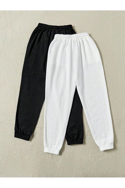 Sweetline 2-Pece Basic Straight Sweatpants Jogger - Ασπρόμαυρο ελαστικό πόδι ψηλόμεσο