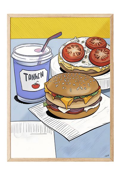 Postifull Ζωγραφική με ξύλινο πλαίσιο, Burger With Coke, Ξύλινη ζωγραφική κουζίνας Comfort Series, NO:109144