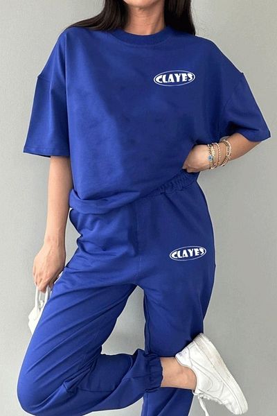 CLAYES Λογότυπο T-Shirt Φούτερ Jogger- Μπλε στάμπα στο κάτω μέρος Σετ φούτερ Oversize Crew Neck