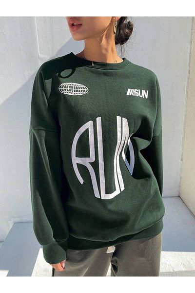 DUBU BUTİK Run Logo Sweatshirt - Green Printed Oversize Thick Winter Crew Neck