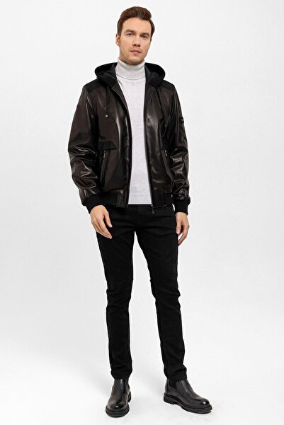 Deriderim Black Dexter Hooded Zippered Lined Men's Genuine Leather Coat