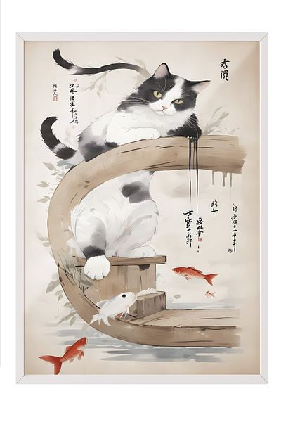Postifull Pictură cu cadru alb, Cat On A Japanese Tree, Pictură de perete pentru bucătărie din seria Comfort, NR:109163