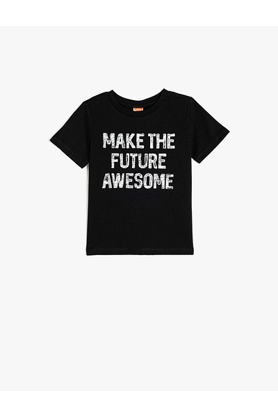 Koton Slogan Printed Short Sleeve Crew Neck Cotton T-Shirt