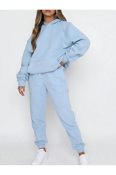 DUBU BUTİK Βασικό Σετ Φούτερ Jogger - Baby Blue Oversize Hooded