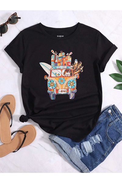 VBSVİBES Women's Black Oversize Woswos Printed T-shirt
