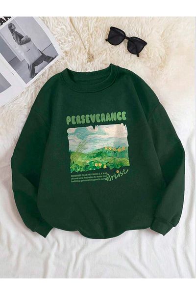 DUBU BUTİK Perseverance Artist Sweatshirt - Green Printed Oversize Thick Winter Crew Neck