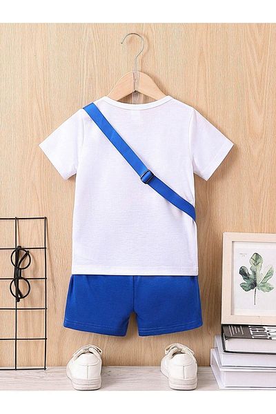 CLAYES Cotton Kids Set - Smiling Face Printed, Saks Blue Shorts and White T-shirt - Crew Neck