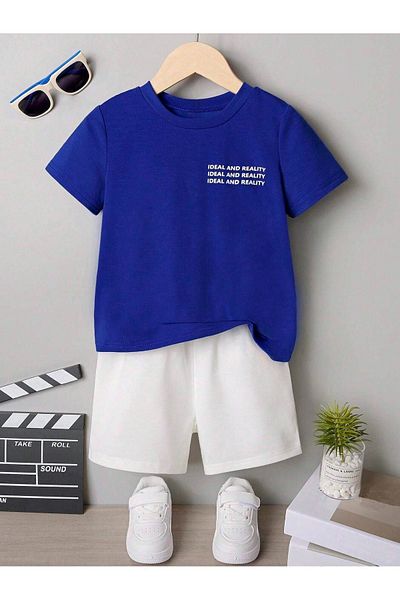 DUBU BUTİK Sax T-shirt and White Shorts - Crew Neck Ideal Cotton Kids Set