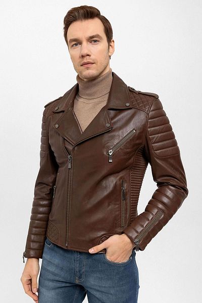 Deriderim Cognac Biker Men's Genuine Leather Coat