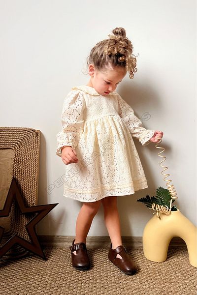 penu baby kids Βρεφικό φόρεμα κοριτσιού με μακρυμάνικο γιακά με λουλούδια εκρού