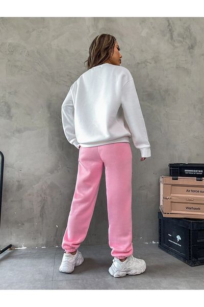 DUBU BUTİK Σετ φόρμας Brooklyn Λευκό φούτερ Pink Jogger - Printed Oversize Raster Crew Neck