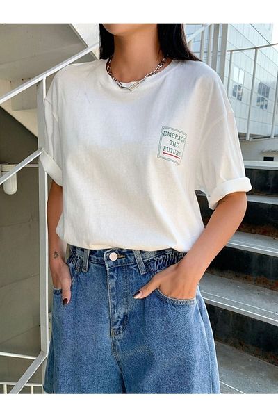 CLAYES Tricou alb cu imprimeu oversize cu gâtul tripu The Future